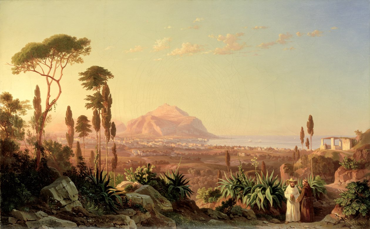 Palermo s horou Pellegrino, kolem roku 1850 od Carl Wilhelm Goetzloff