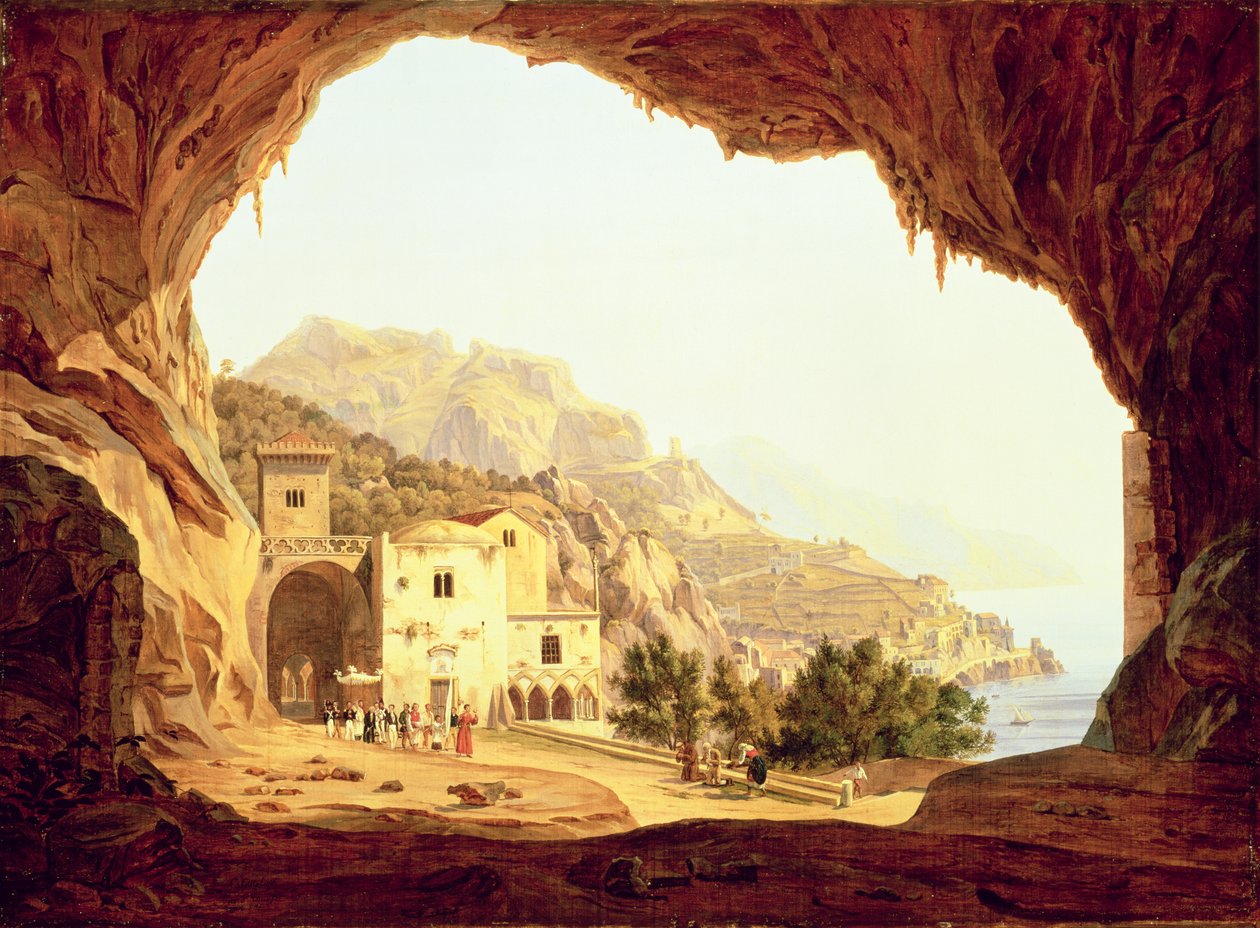 Pohled z jeskyně přes pobřeží Amalfi, c.1842 od Carl Wilhelm Goetzloff