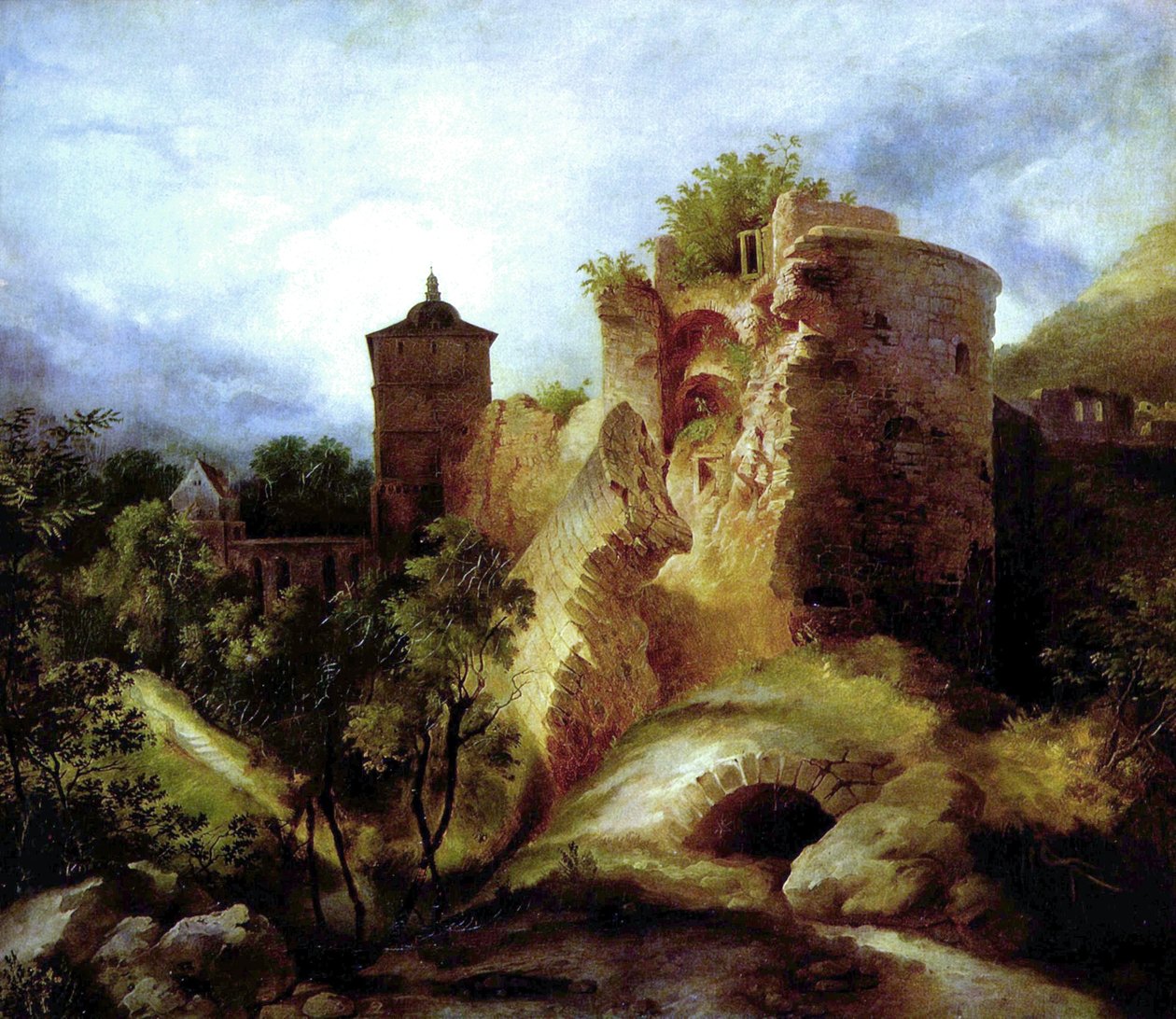 Německy: Der gesprengte Turm des Heidelberger Schlosses Vyfouknutá věž hradu Heidelberg od Carl Blechen