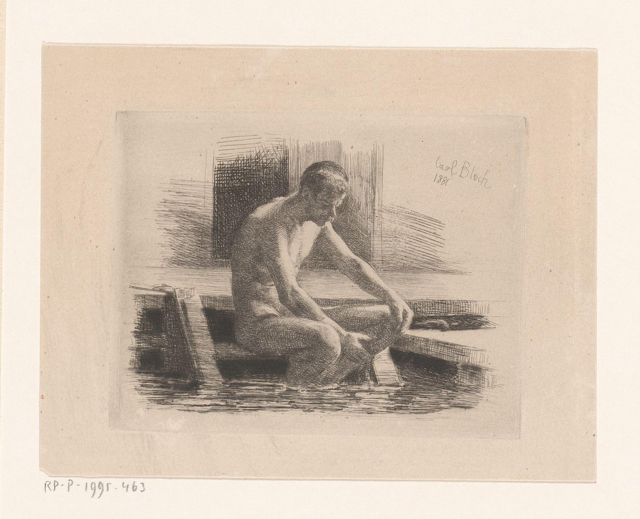 Nahý muž sedící na schodu u vody od Carl Bloch