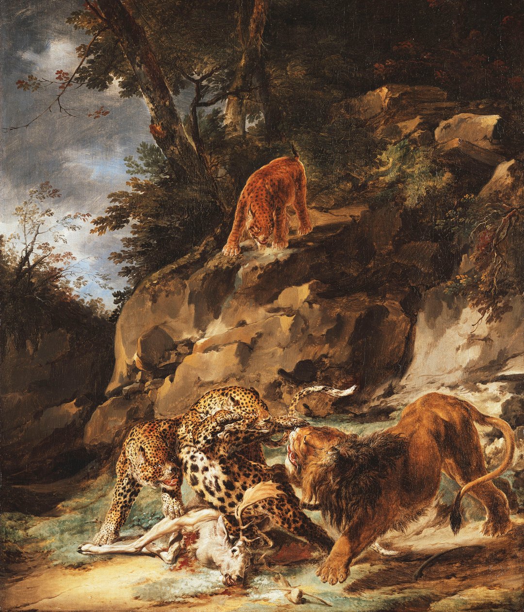 Lev shání pár leopardů z mrtvého jelena, od Carl Borromaus Andreas Ruthart