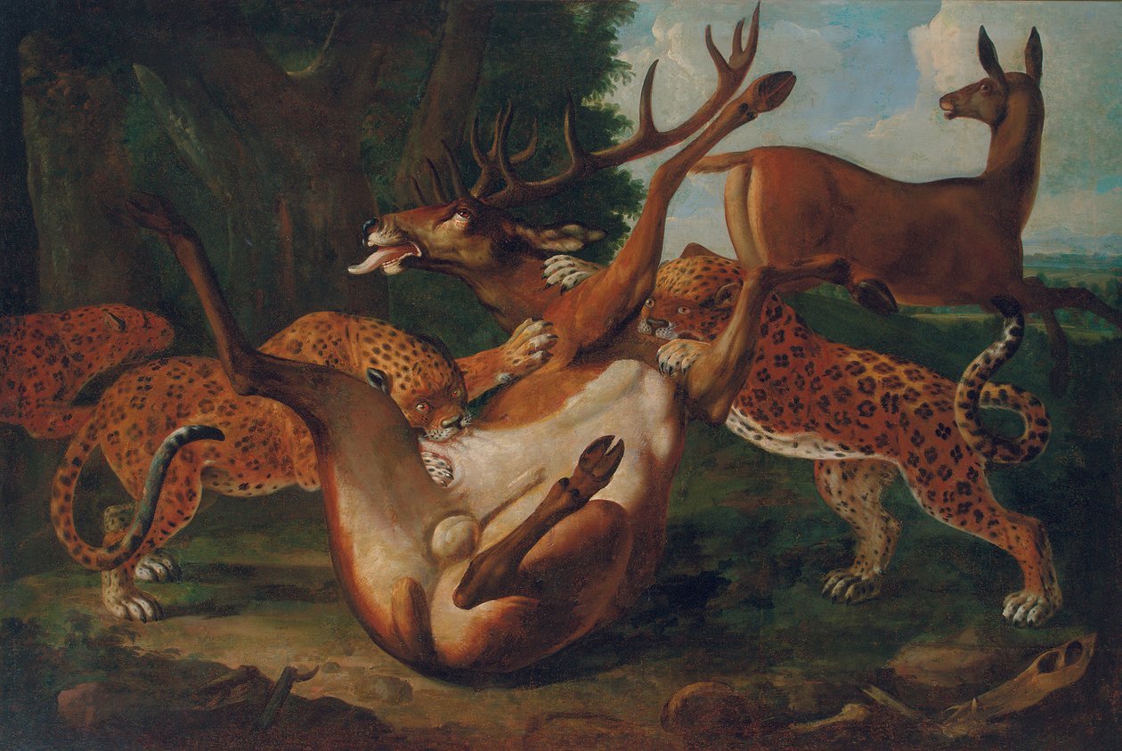 Leopardi útočící na jeleny v krajině od Carl Borromaus Andreas Ruthart
