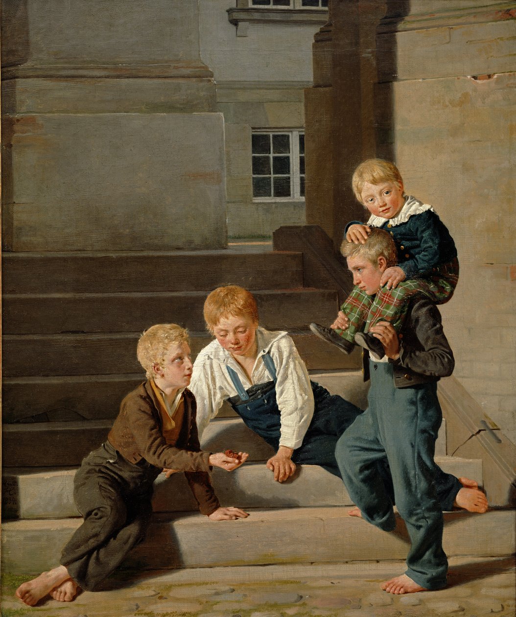 Mladí chlapci hrají kostky před zámkem Christiansborg, Kodaň, 1834 od Carl Christian Constantin Hansen
