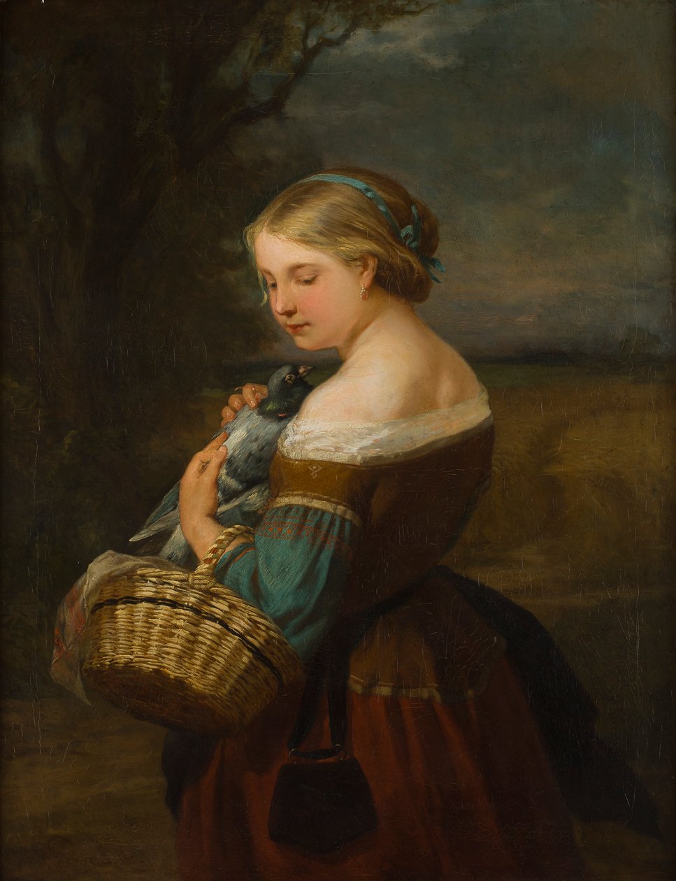 Portrét selské dívky s holubem (olej na plátně) od Carl Ernst Ludwig Wagner