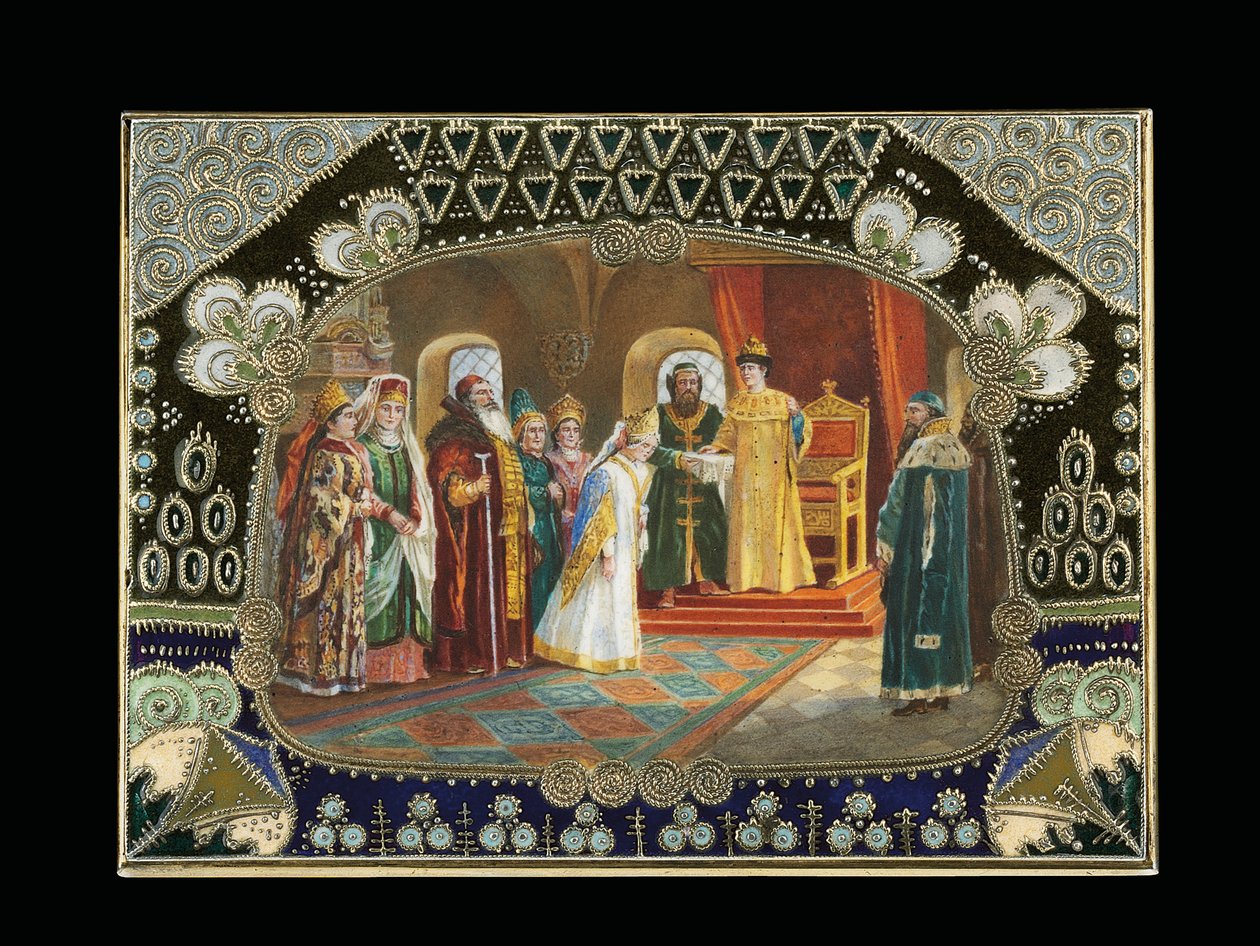 Detail malované kartuše ze stolní krabice, zobrazující cara Alexeje Michajloviče při výběru nevěsty, kolem 1908-1917 od Carl Fabergé