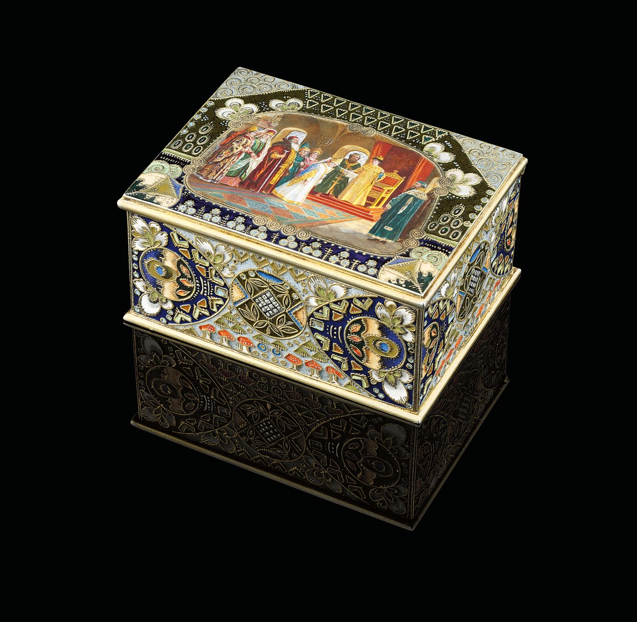 Stolní krabice s malovanou kartuší zobrazující cara Alexeje Michajloviče při výběru nevěsty, c. 1908-1917 od Carl Fabergé