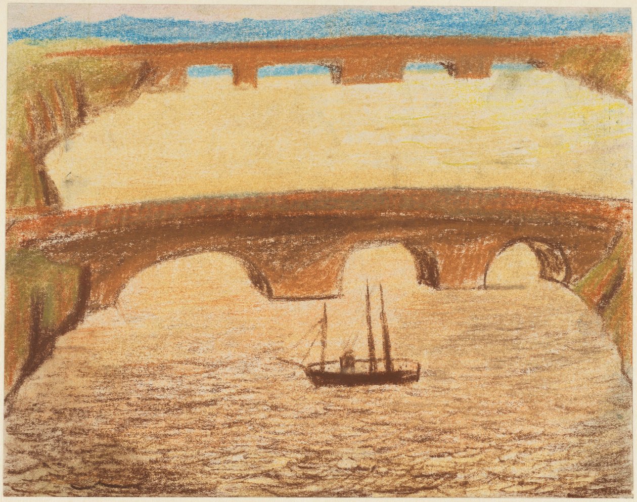 Lange Steinbrücken über Fluss mit einem Schiff od Carl Fredrik Hill