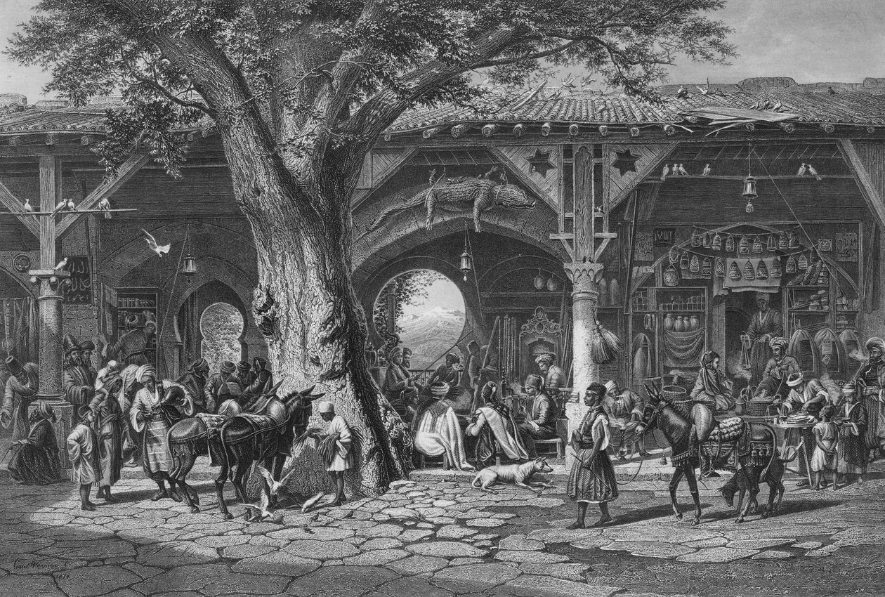Ulice v Damašku, vyryl C. Bertrand od Carl Friedrich Heinrich Werner