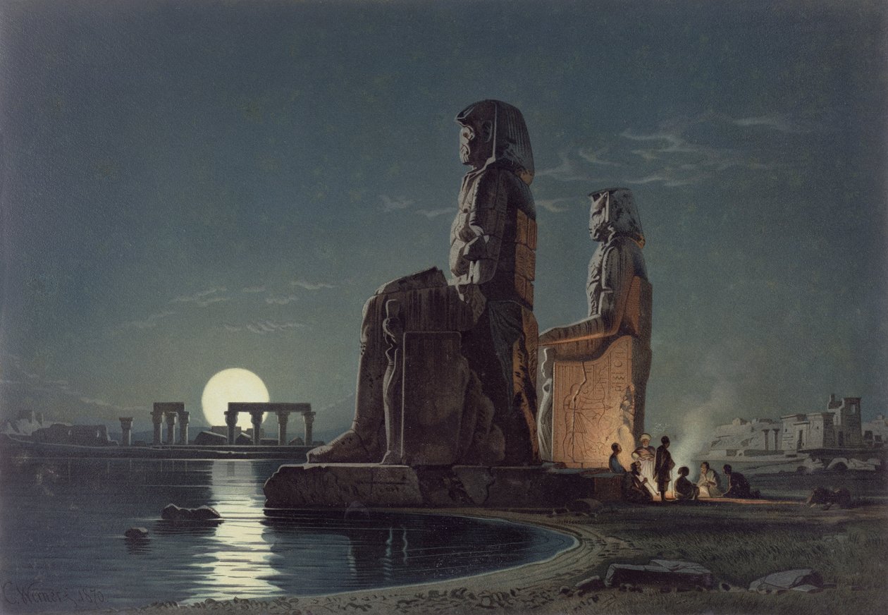 Memnonovy kolosy, Théby, jedna z 24 ilustrací produkovaných G.W. Seitz, vytištěno kolem roku 1872 od Carl Friedrich Heinrich Werner
