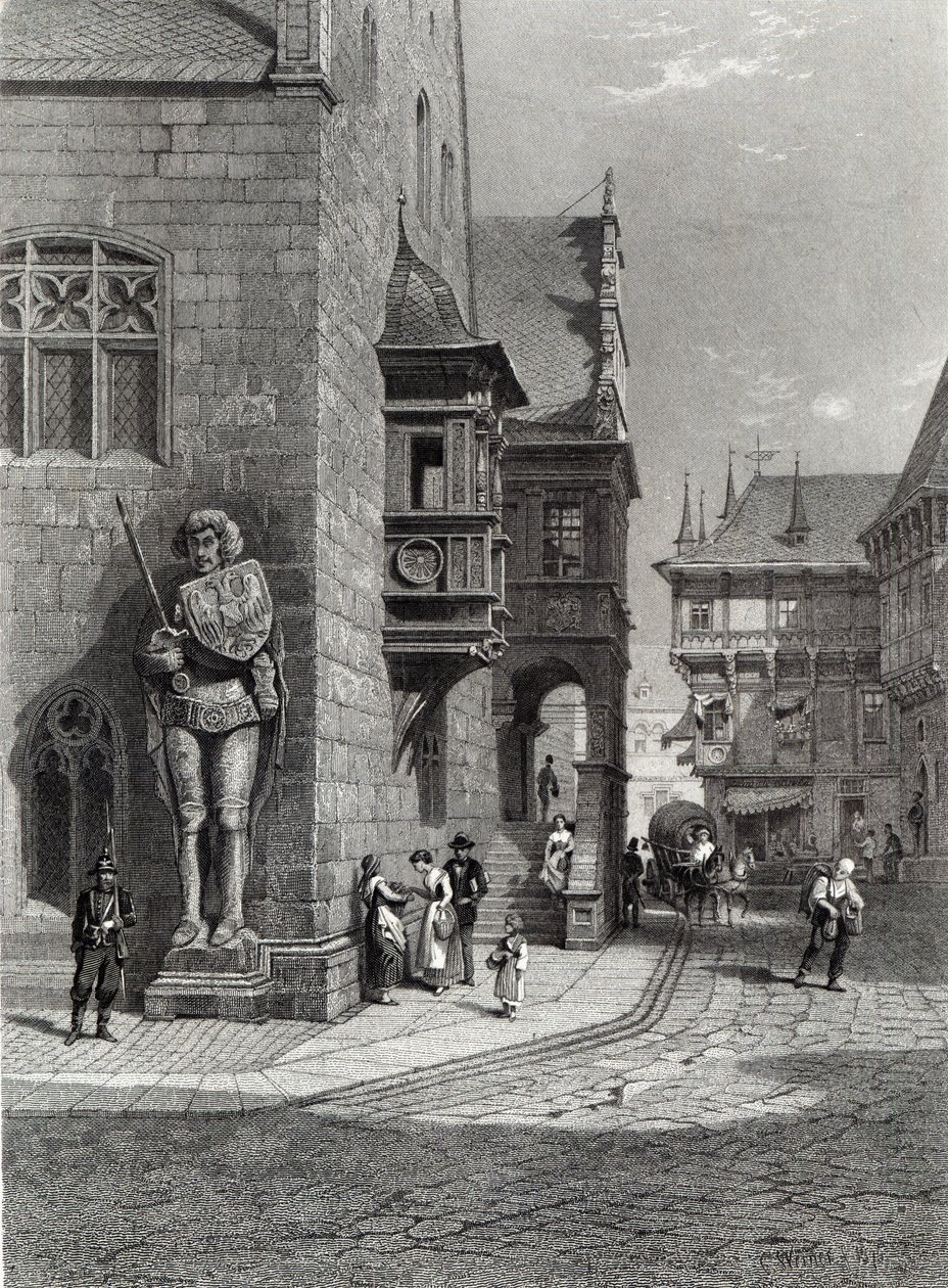Radnice, Halberstadt, rytina E. Jouberta, tisk Cassell & Company Ltd (rytina) od Carl Friedrich Heinrich Werner