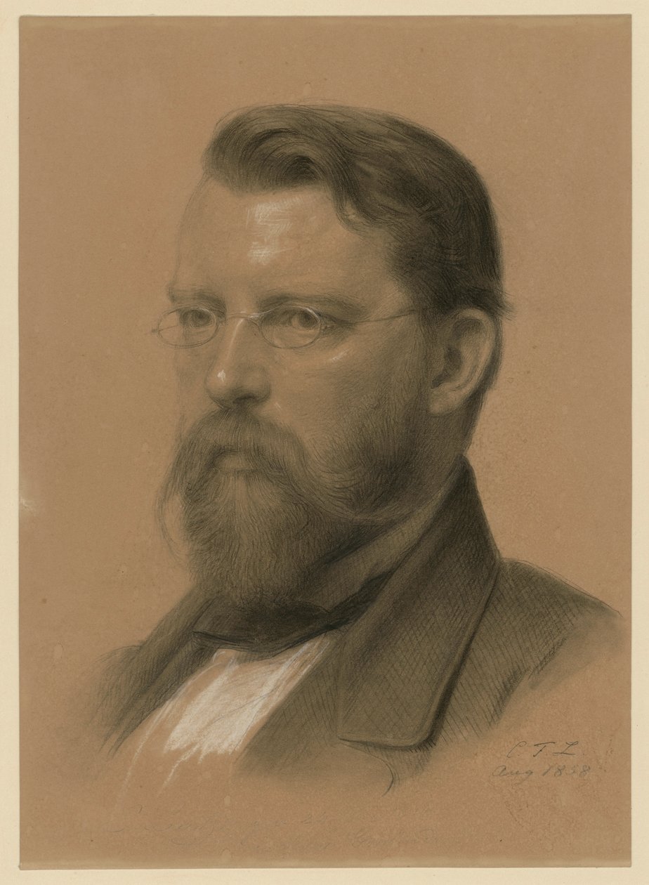 Emanuel Leutze, malíř historických obrazů, portrét poprsí s brýlemi doleva od Carl Friedrich Lessing