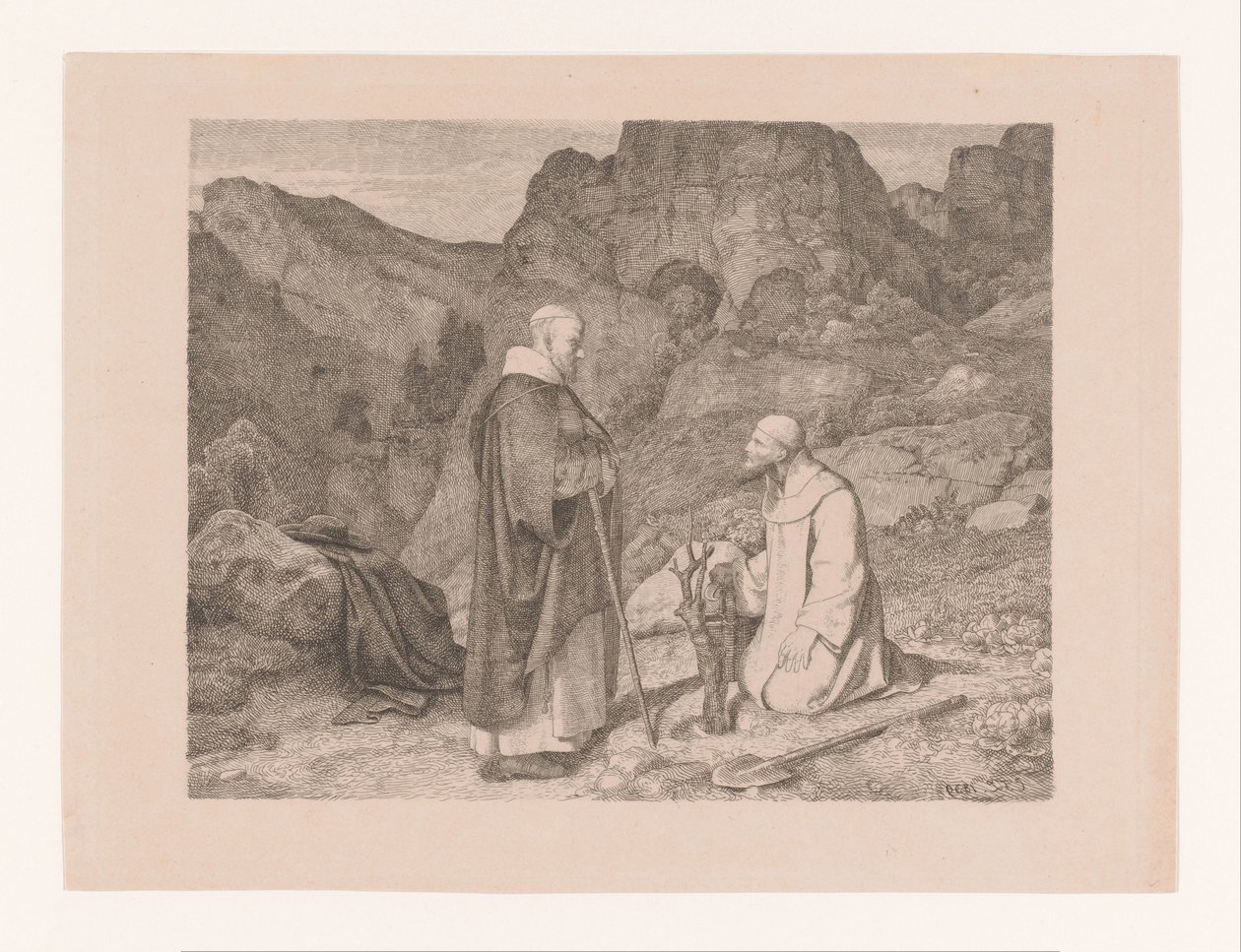 Dva mniši u ořezaného stromu v horské krajině od Carl Friedrich Lessing
