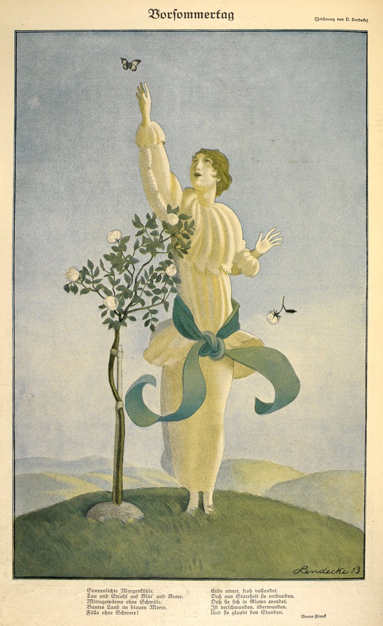Kresba k básni "Vorsommertag": .Kresba na báseň "Vorsommertag". Žena sahá po motýlovi. od Carl Friedrich Otto Lendecke