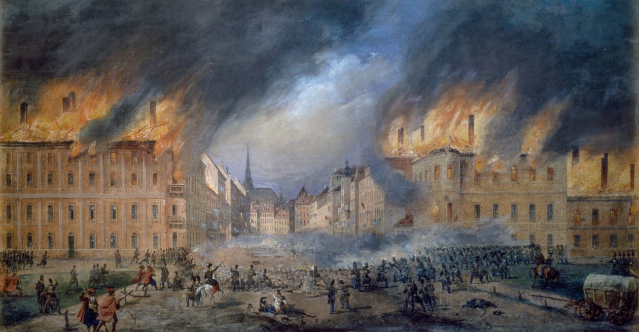 Bitva u Sternbarrikade v Jagerzeile 28. října 1848, revoluce ve Vídni, požár ve městě, obraz Carla Goebela (1824-1899), Rakousko od Carl Goebel