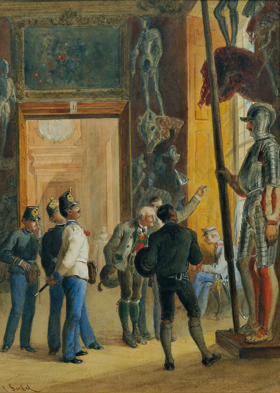Rakouští důstojníci a dva Tyrolané si prohlížejí sbírku Ambras v Dolním Belvederu od Carl Goebel d. J.