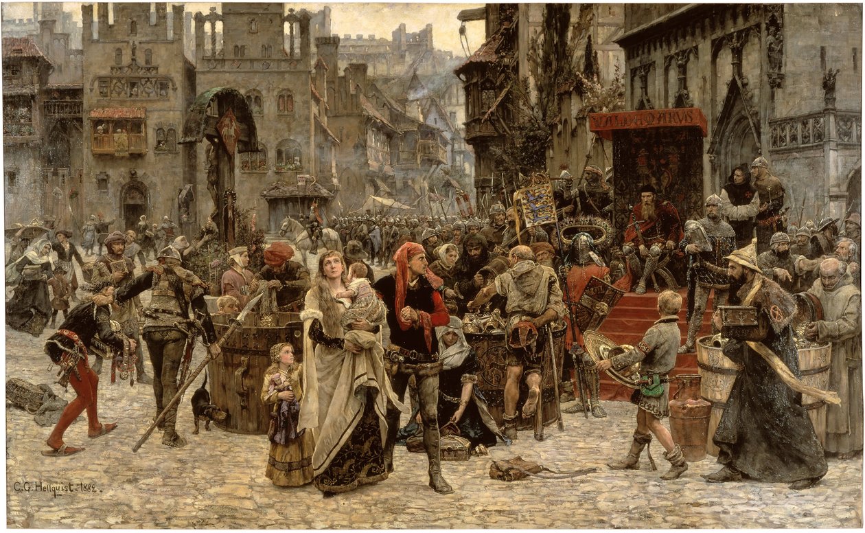 Švédština: Valdemar Atterdag drží Visby jako výkupné v roce 1361
 Valdemar Atterdag drží Visby jako výkupné, 1361 od Carl Gustaf Hellqvist