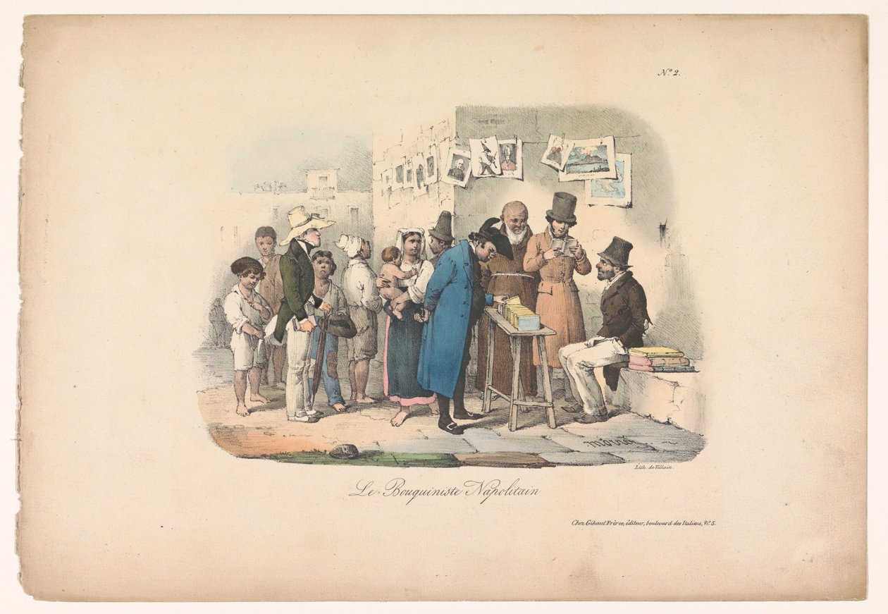Knihkupecký stánek v Neapoli Le Bouquiniste Napotain (název na objektu) Žánrové scény v Neapoli (název série) Populární scény de Neapol a douze Tableaux (název série) od Carl Gustaf Hjalmar Mörner