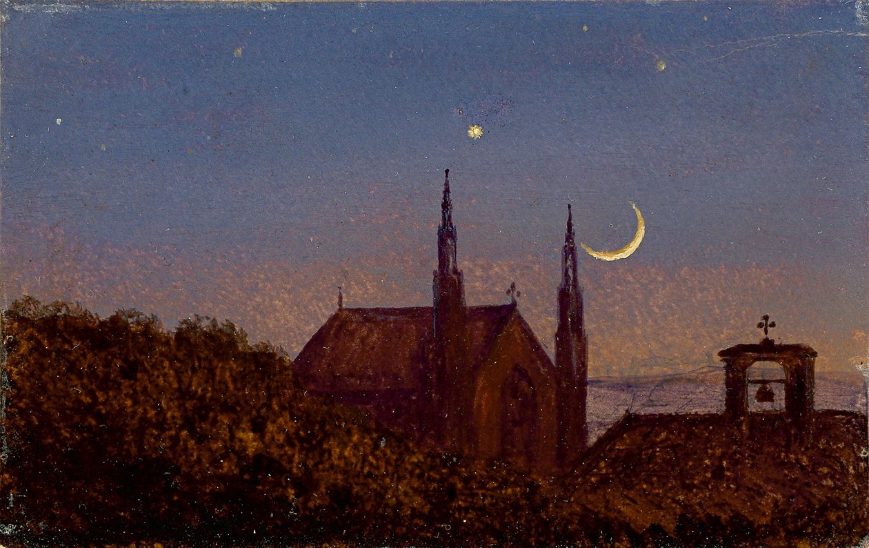 Německy: Gotický kostel nad korunami stromů za svitu měsíce (Malá měsíční krajina s kostelíkem) od Carl Gustav Carus