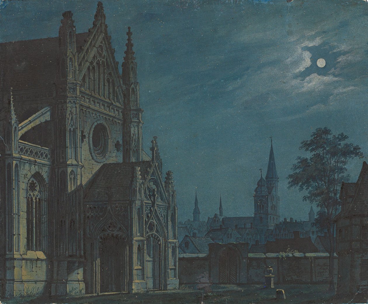 Německy: Moonlight over the courtyard of a Gothic Church with rich tracery / Přední nádvoří gotického kostela za svitu měsíce od Carl Gustav Carus