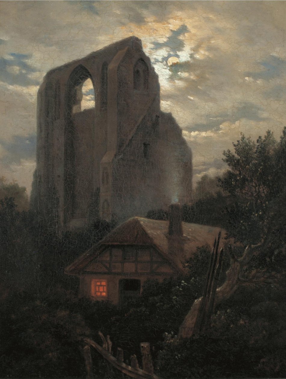 Ruiny kláštera Eldena s chatou poblíž Greifswaldu v Moonlight, 1820 od Carl Gustav Carus