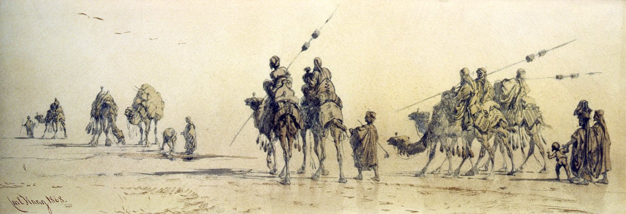 Karavana beduínů se blíží ke studni v poušti, 1868 (tužka a mytí na papíře) od Carl Haag