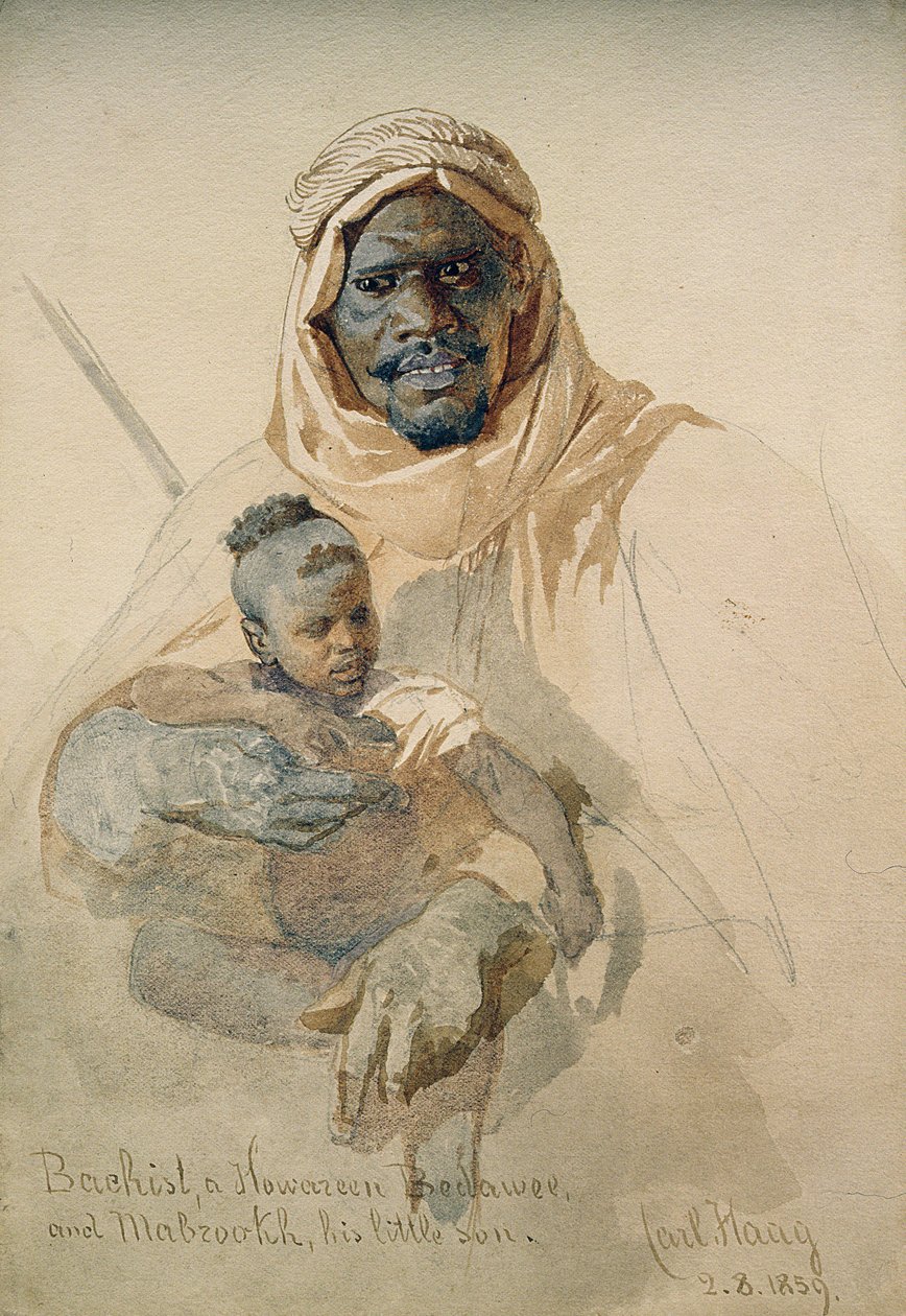 Bachist, Howazeen Bedawee a Mabzookh, jeho malý syn, 1859 (tužka a wc mytí na papíře) od Carl Haag