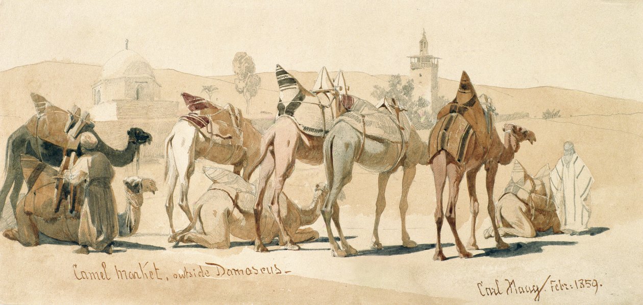 Velbloudí trh před Damaškem, 1859 (tužka a wash na papíře) od Carl Haag