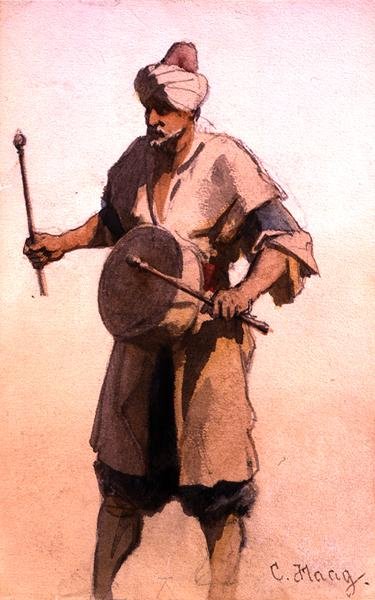 Buben v manželském průvodu, Káhira (akvarel na papíře) od Carl Haag