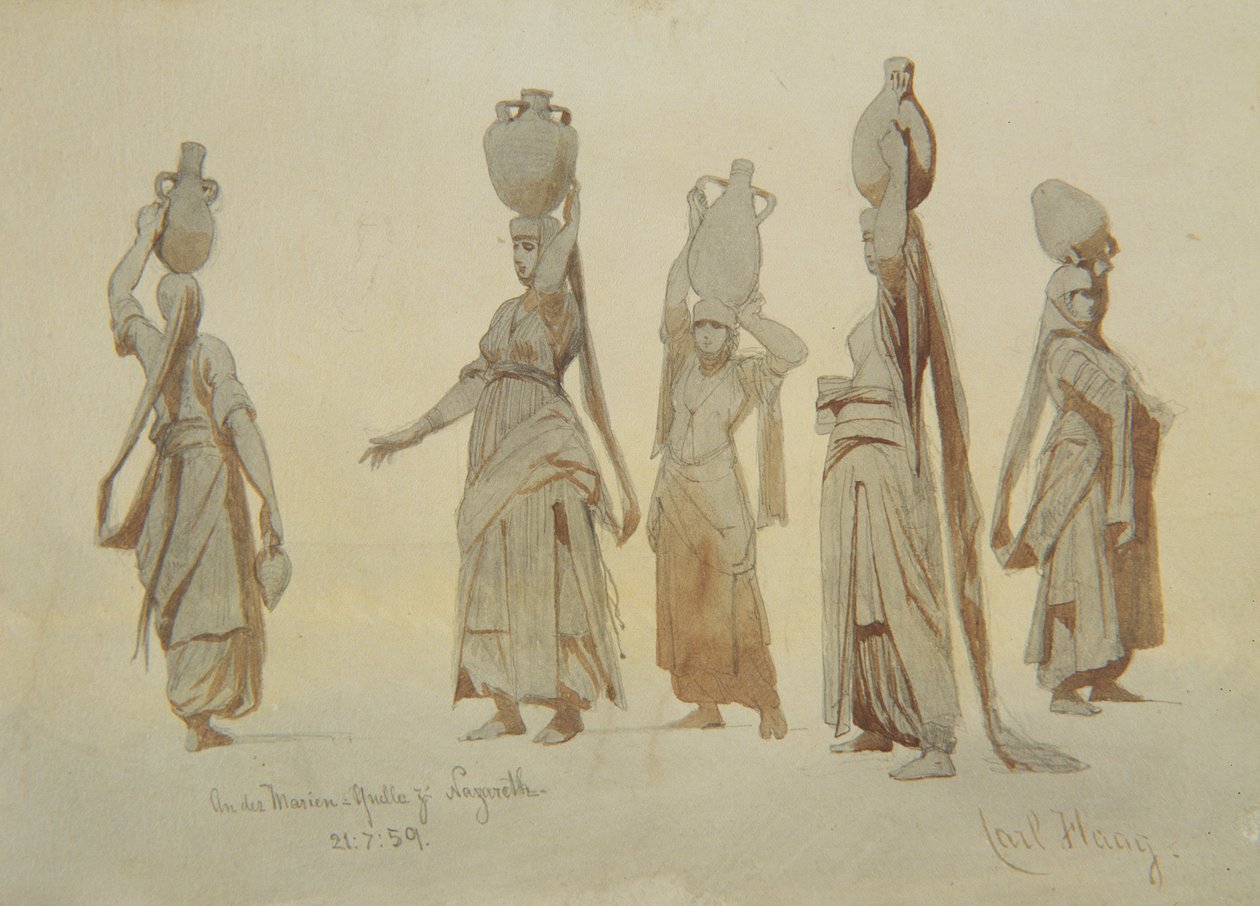 Ženské nosiče vody, Nazareth, 1859 (tužka a mytí na papíře) od Carl Haag