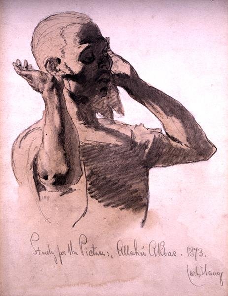 Modlící se postava, studie k obrazu, Allahu Akbar, 1873 (tužka a vodové barvy na papíře) od Carl Haag