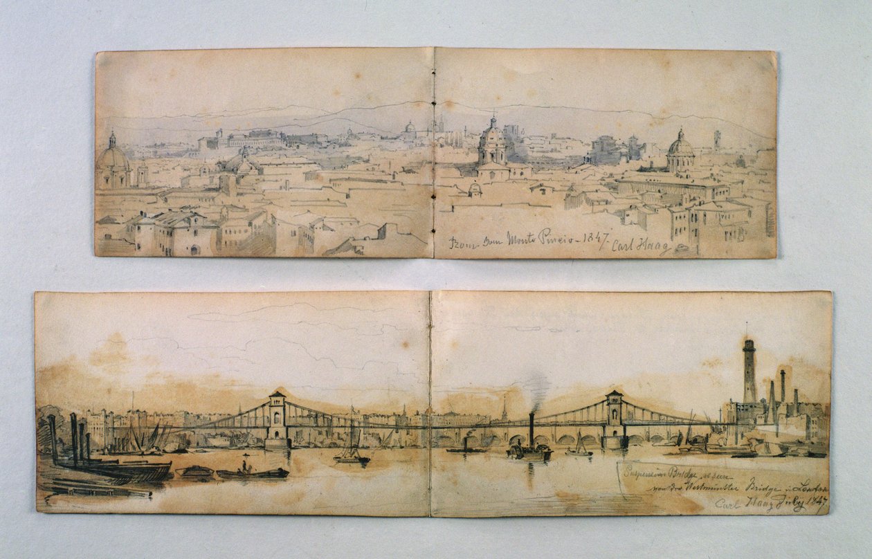 Hungerford Suspension Bridge a Monte Pineio, 1847 (tužka a wash na papíře) od Carl Haag