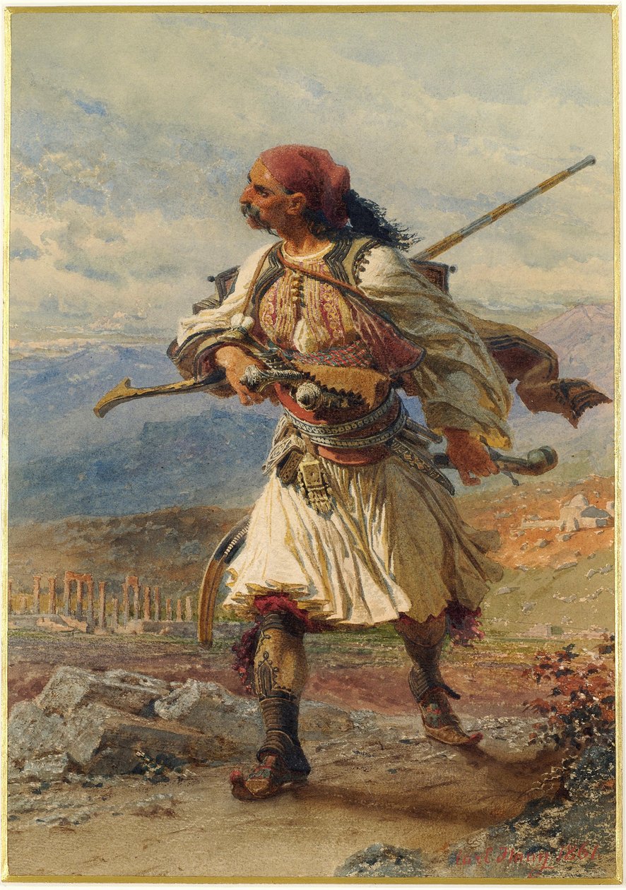 Portrét Armatole, řeckého válečníka, v době řecké války za nezávislost (1821-1830) - Dílo Carla Haaga (1820-1915), akvarel a kvaš na papíře (35x25 cm) od Carl Haag