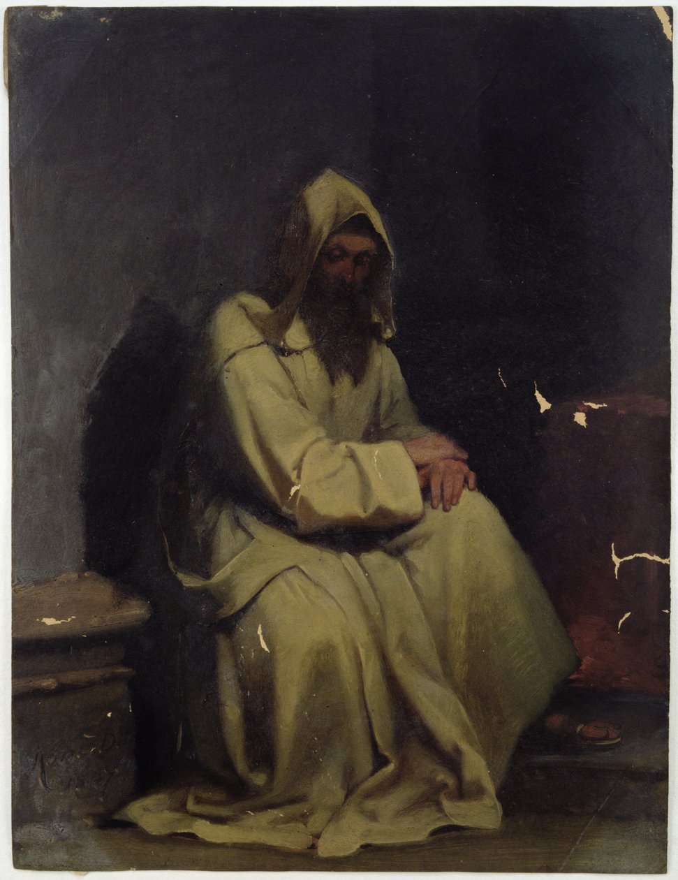 Portrét sedícího mnicha, 1847 (olej na papíře) od Carl Haag