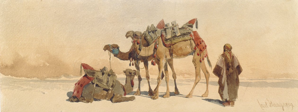 Odpočinek se třemi velbloudy v poušti, 1859 od Carl Haag