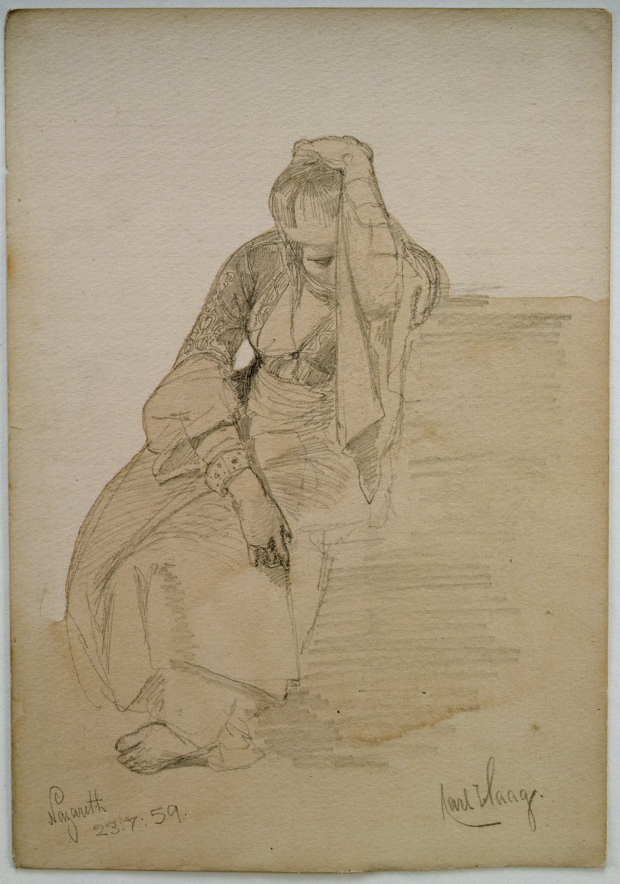 Studie sedící dámy, Nazaret, 1859 (tužka a wc wash na papíře) od Carl Haag