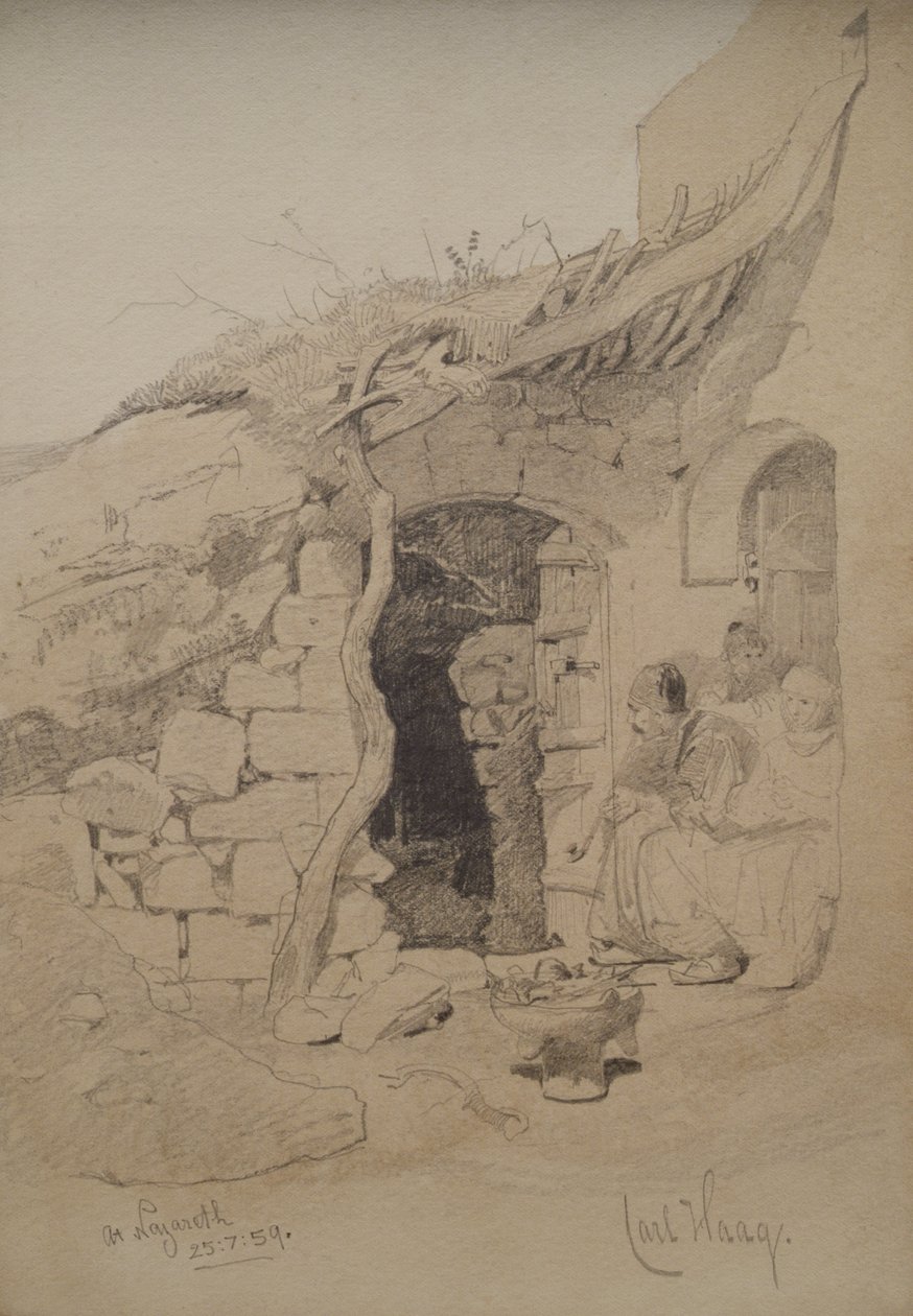 Tři postavy sedící před domem, Nazareth, 1859 (tužka a mytí na papíře) od Carl Haag