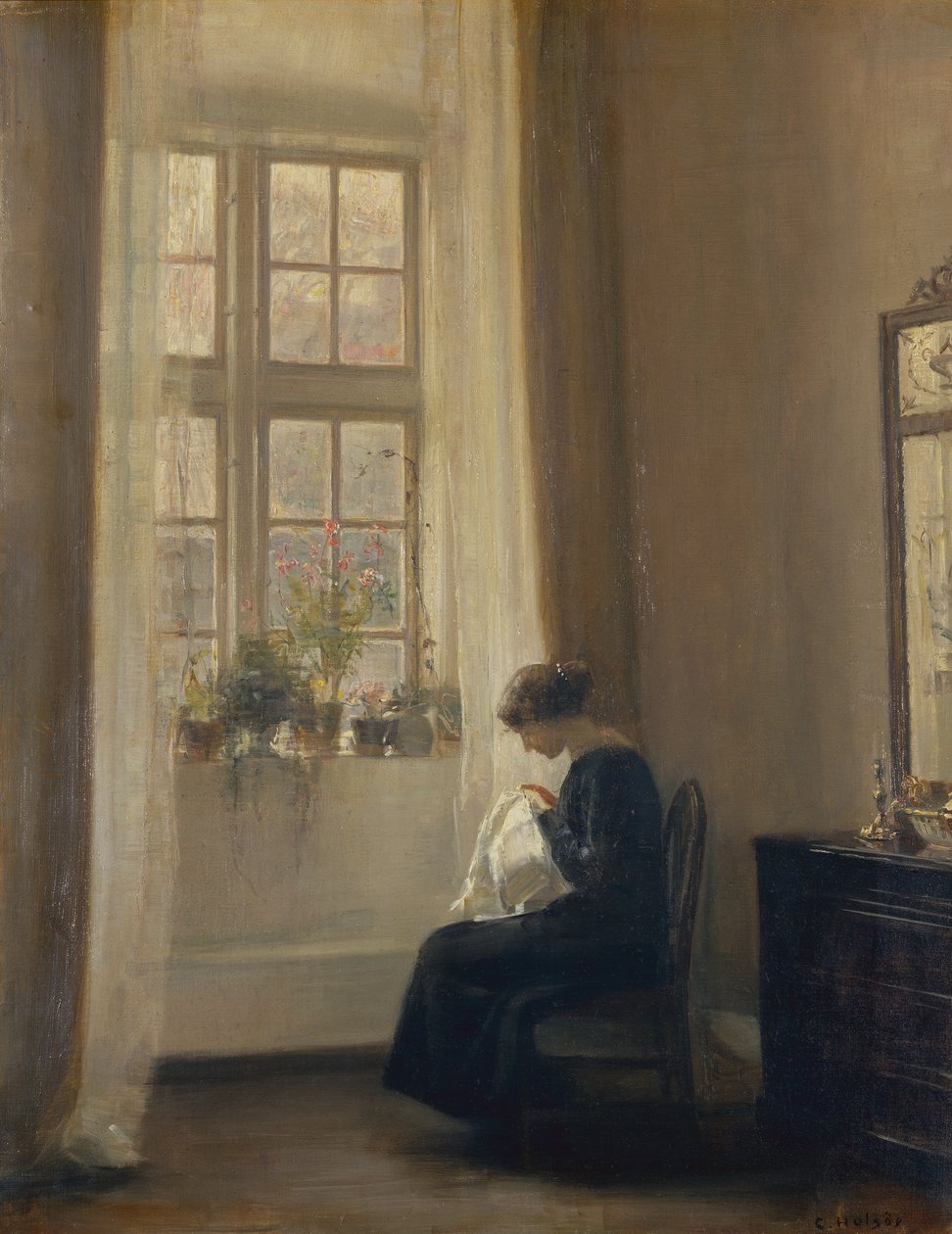 Dívka šijící v interiéru (olej na plátně) od Carl Holsoe