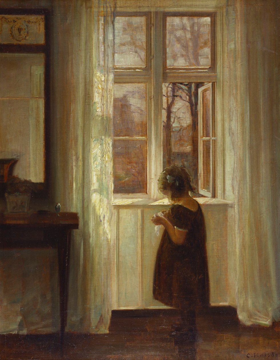 Dívka stojící u okna (olej na plátně) od Carl Holsoe