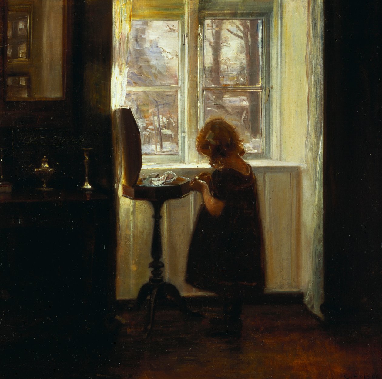 Dívka stojící u šicího stolu (olej na plátně) od Carl Holsoe