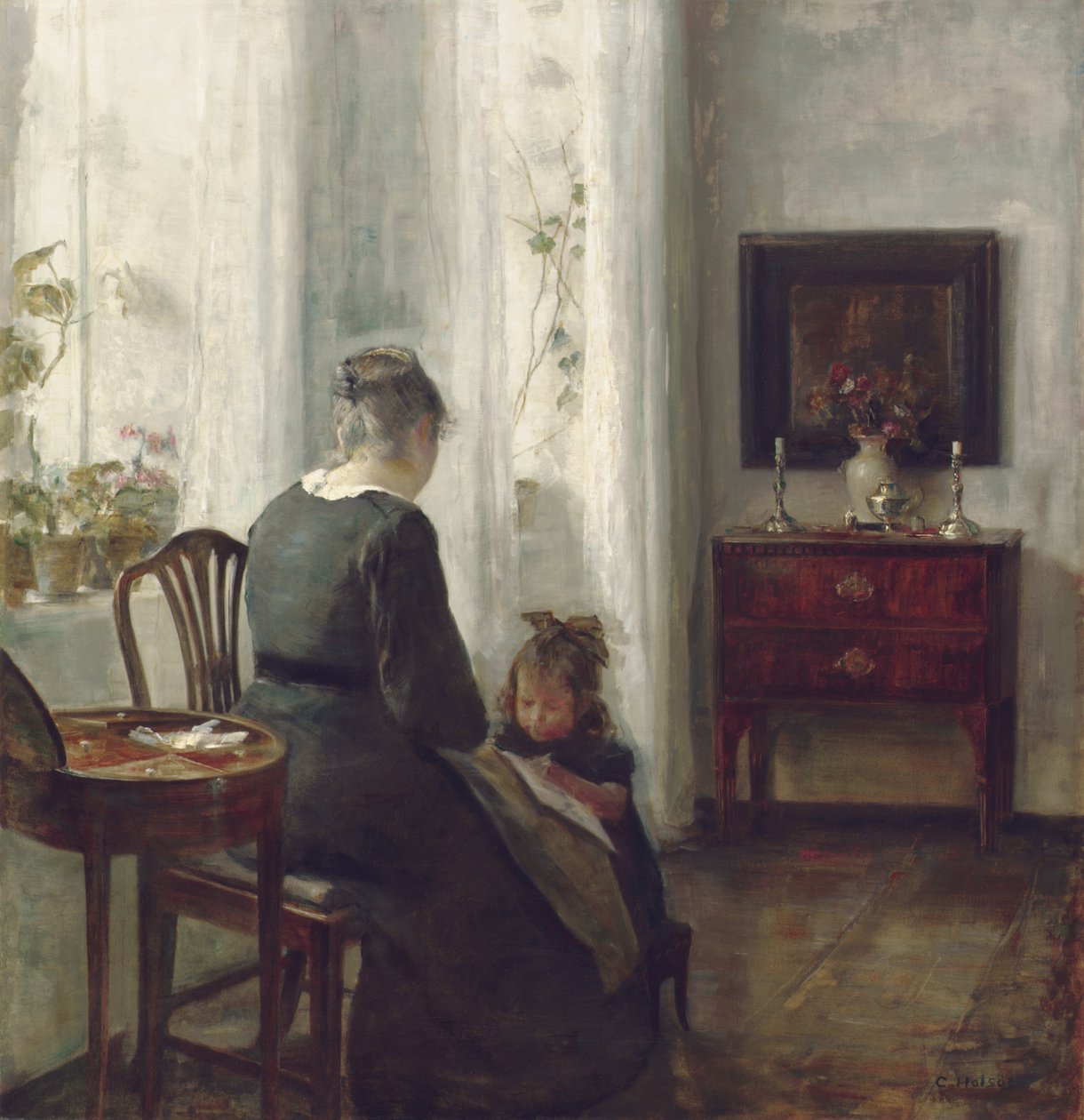 Matka a dítě v interiéru (olej na plátně) od Carl Holsoe