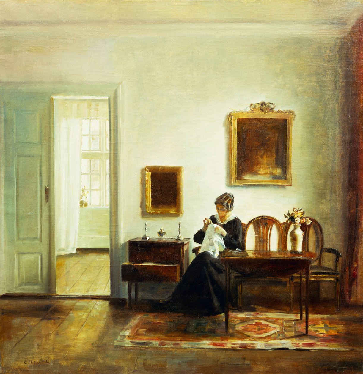 Žena šijící v interiéru (olej na plátně) od Carl Holsoe