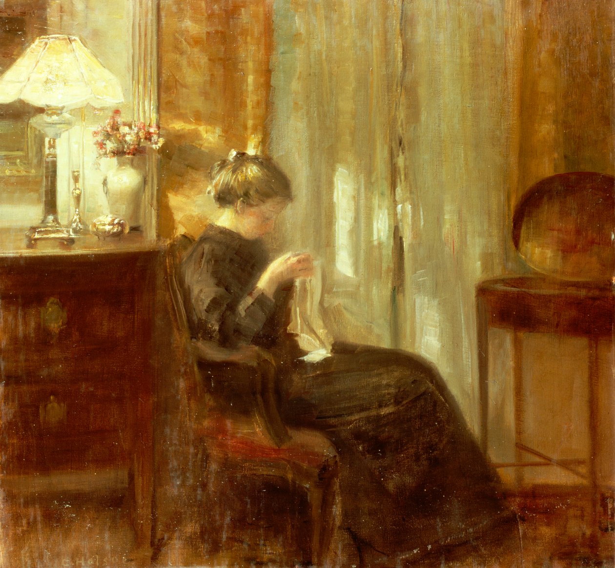 Žena šijící v interiéru (olej na panelu) od Carl Holsoe