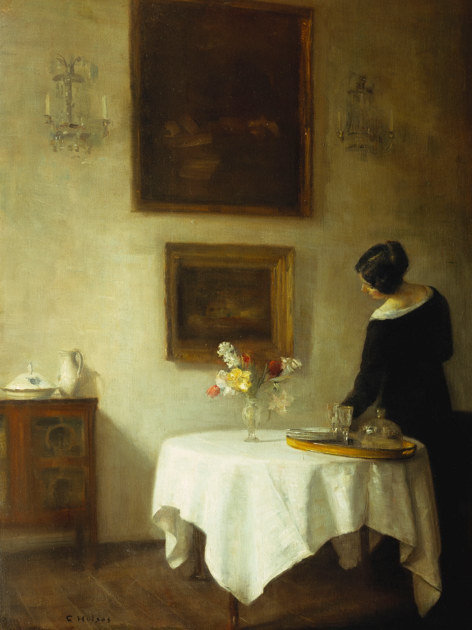 Žena u jídelního stolu (olej na plátně) od Carl Holsoe