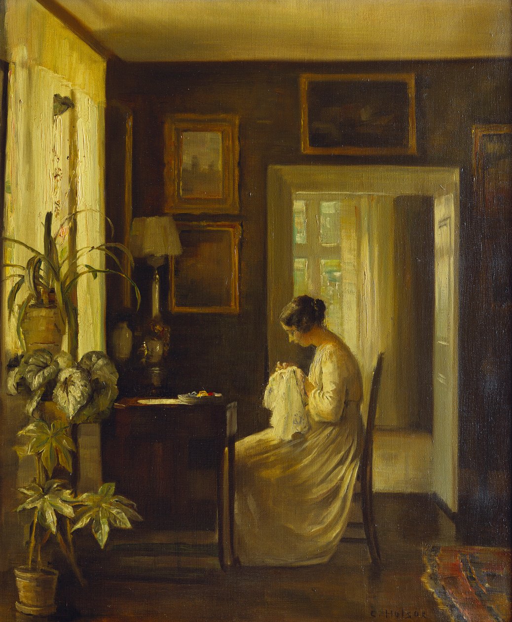 Interiér s ženským šitím (olej na plátně) od Carl Holsoe