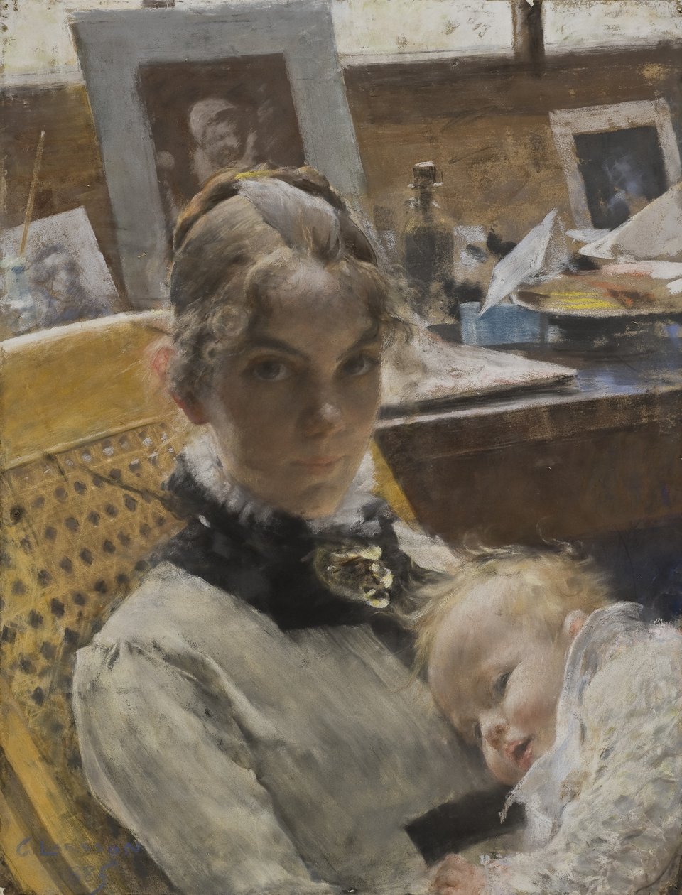 A Studio Idyll: The Artists Wife and their Daughter Suzanne, 1885 (pastel) od Carl Larsson