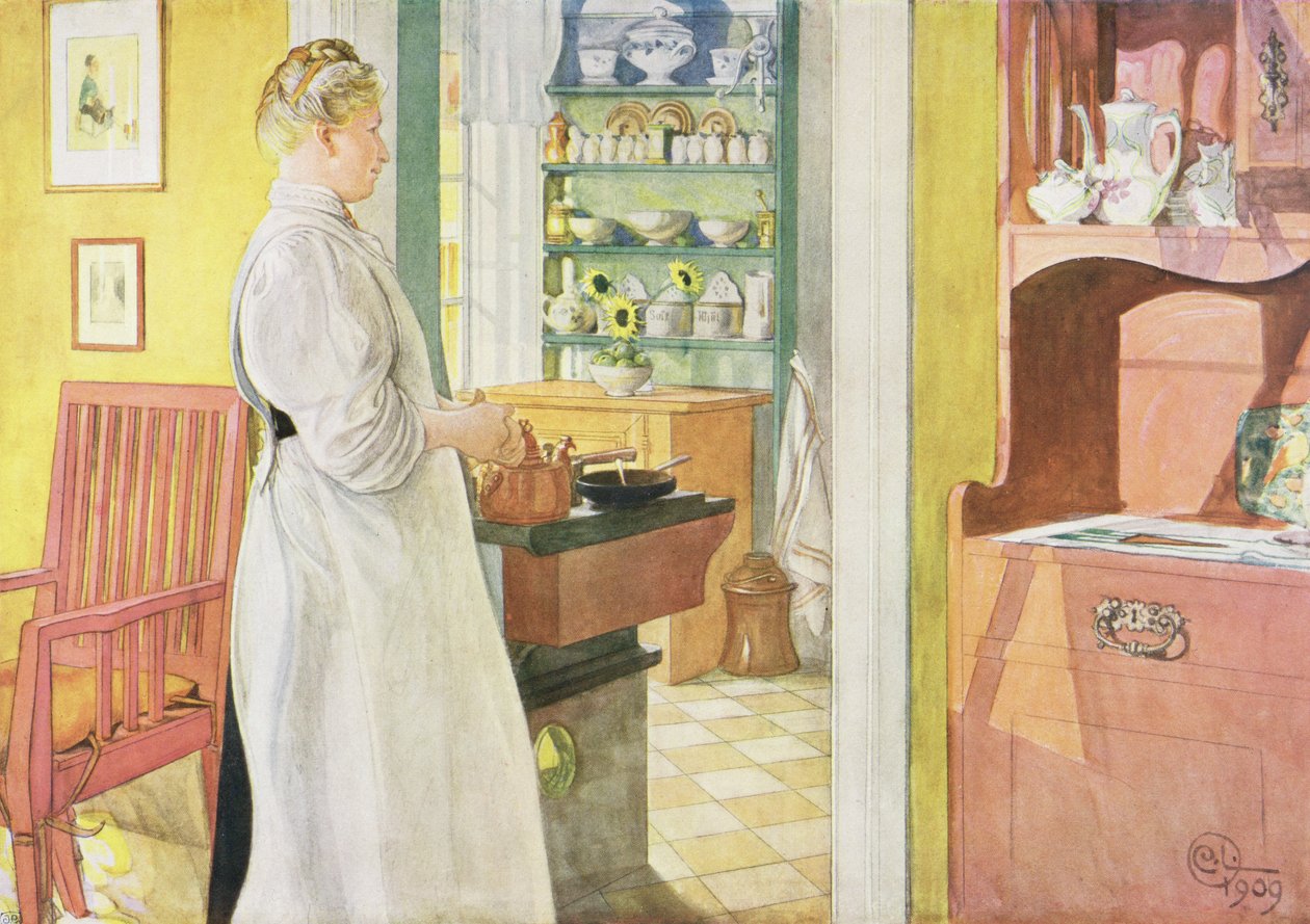 Anna Arnbom (Scéna z kuchyně), publikováno v "Lasst Licht Hinin" (Nechte více světla), 1909 od Carl Larsson