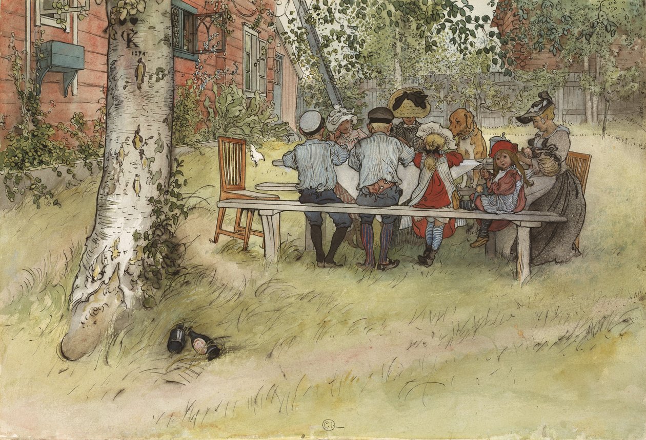 Snídaně pod velkou břízou, ze série A Home, kolem roku 1895 (wc na papíře) od Carl Larsson