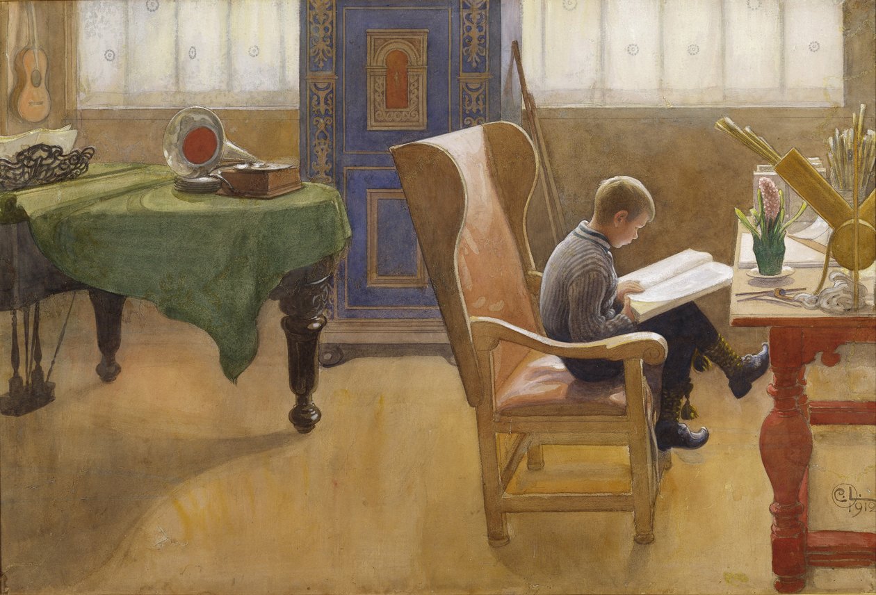Esbjorn ve studijním koutku, 1912 (wc na papíře) od Carl Larsson