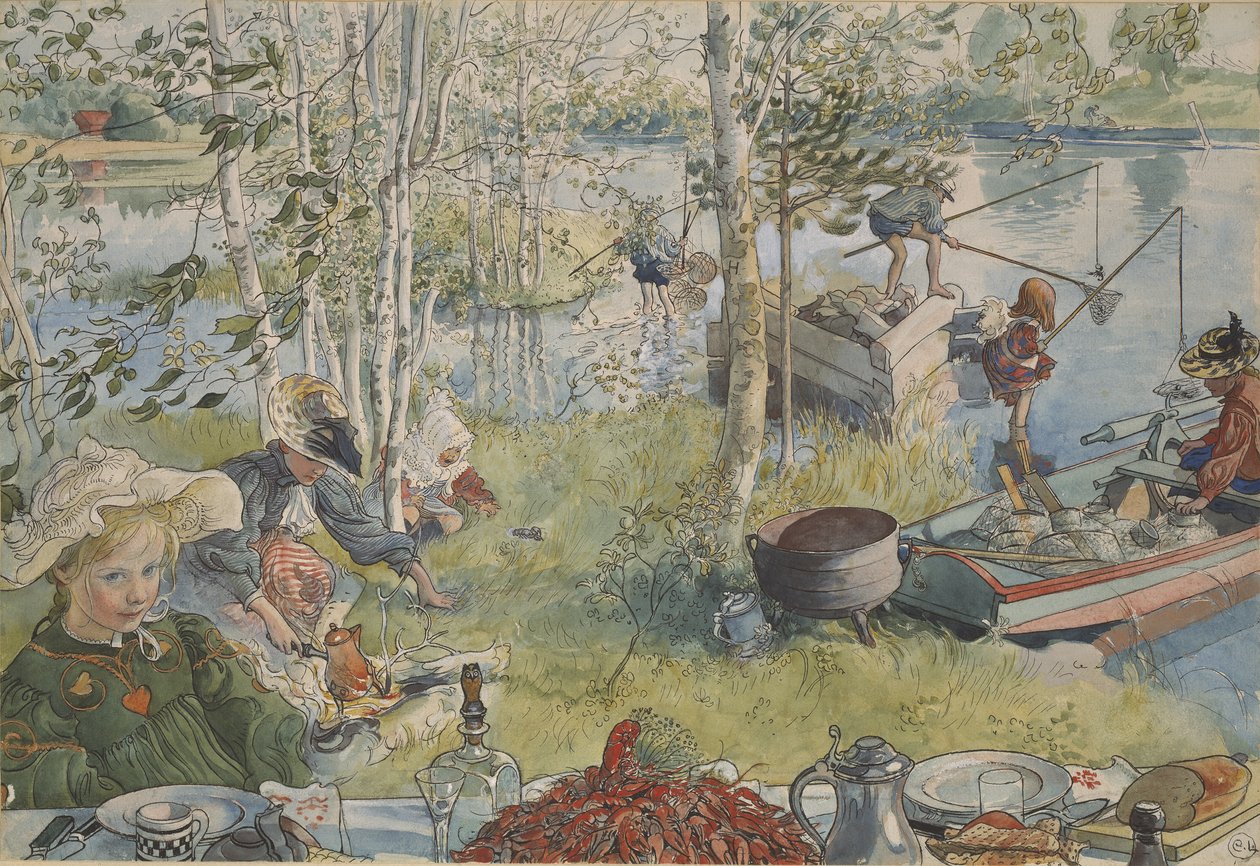 La peche aux ecrevisses - Lov raků, Larsson, Carl (1853-1919). Akrylové barvy na papíře. Rozměr: 32 x 43 cm. Národní muzeum Stockholm od Carl Larsson