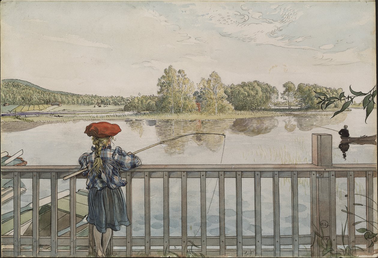 Lisbeth a la peche a la ligne - Lisbeth Angling, Larsson, Carl (1853-1919). Akvarel a tempera na papíře. Rozměr: 32 x 43 cm. Národní muzeum Stockholm od Carl Larsson